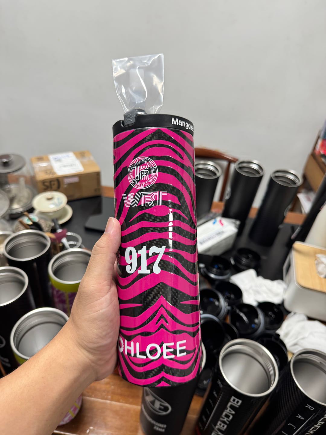 Pink race number 917 MangoRace custom bottle