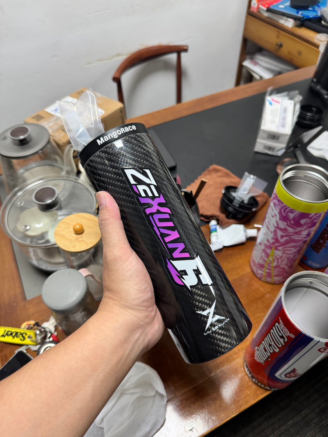 Black and purple team MangoRace custom bottle